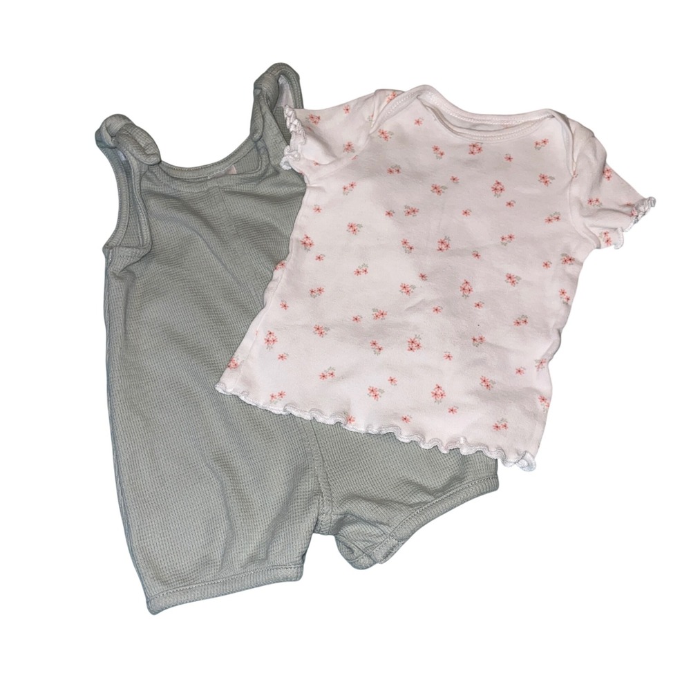 Carter's Romper Set Baby 6m Green Floral Waffle Knit Cottagecore